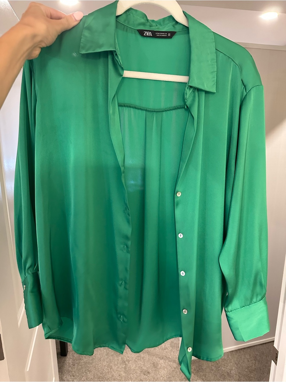 Zara Effortless Satin Green Button-Up Blouse